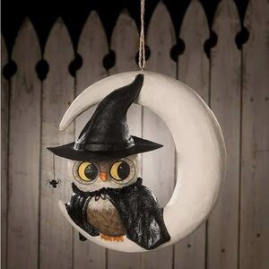 Bethany Lowe Witchy Owl On Moon Paper Mache Figurine